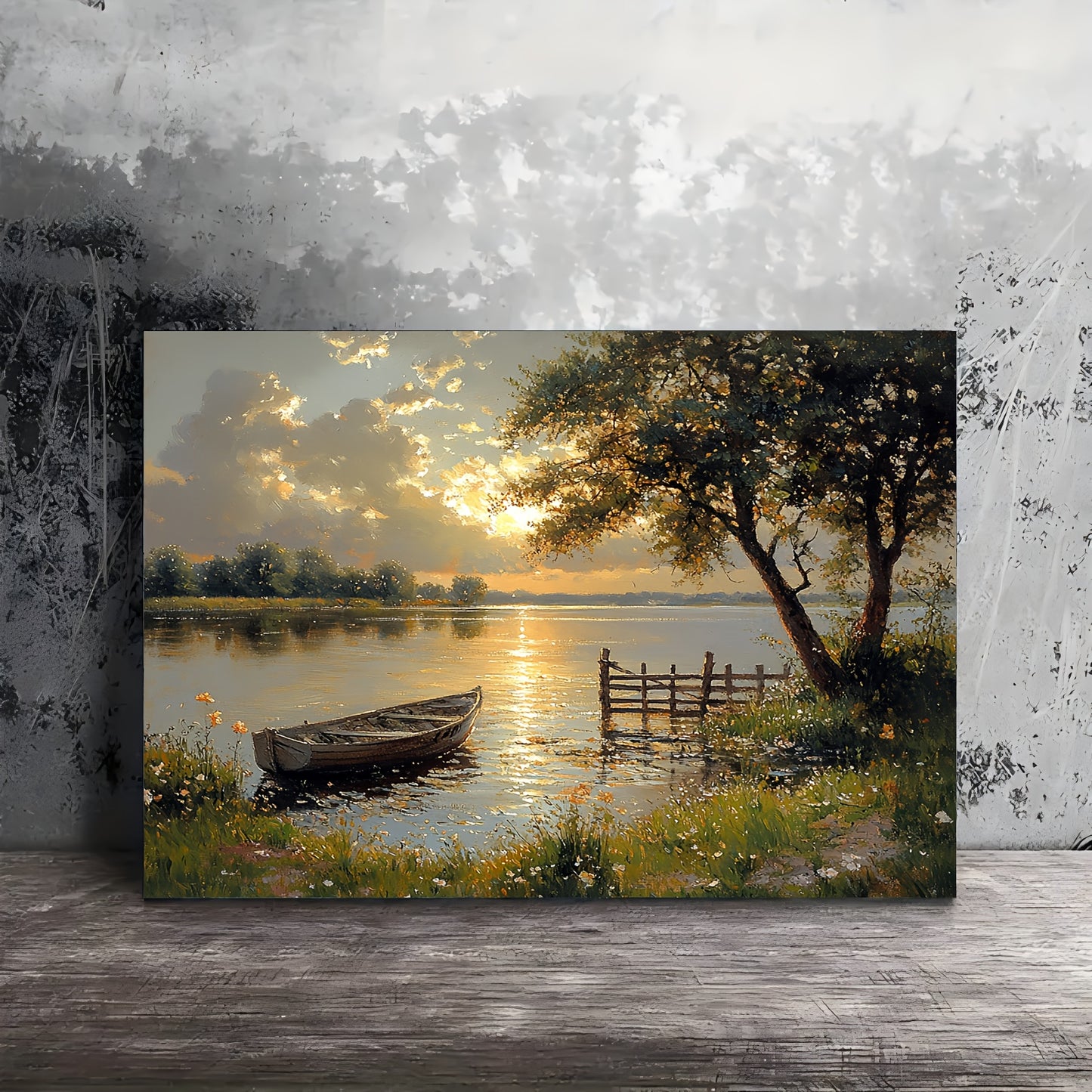 1pc Serene Sunset Lake & Boat Canvas Art Print, 11.8x15.7in - Wooden Framed Wall Decor for Living Room, Bedroom, Kitchen, Office - Tranquil Nature Scene, Ideal Gift, Coastal Home Decor, 2D, Perfect for Room Decor