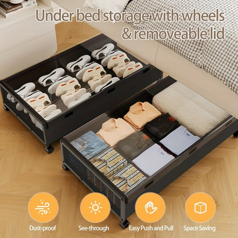 4-Pack Under Bed Storage Bins with Wheels, 54L Large Capacity Metal Rolling Drawers with Clear Lids – Perfect for Clothes, Shoes, Blankets, Toys, and Books Organizer, Mobile Storage Solution | Classic Design | Spacious Rect
