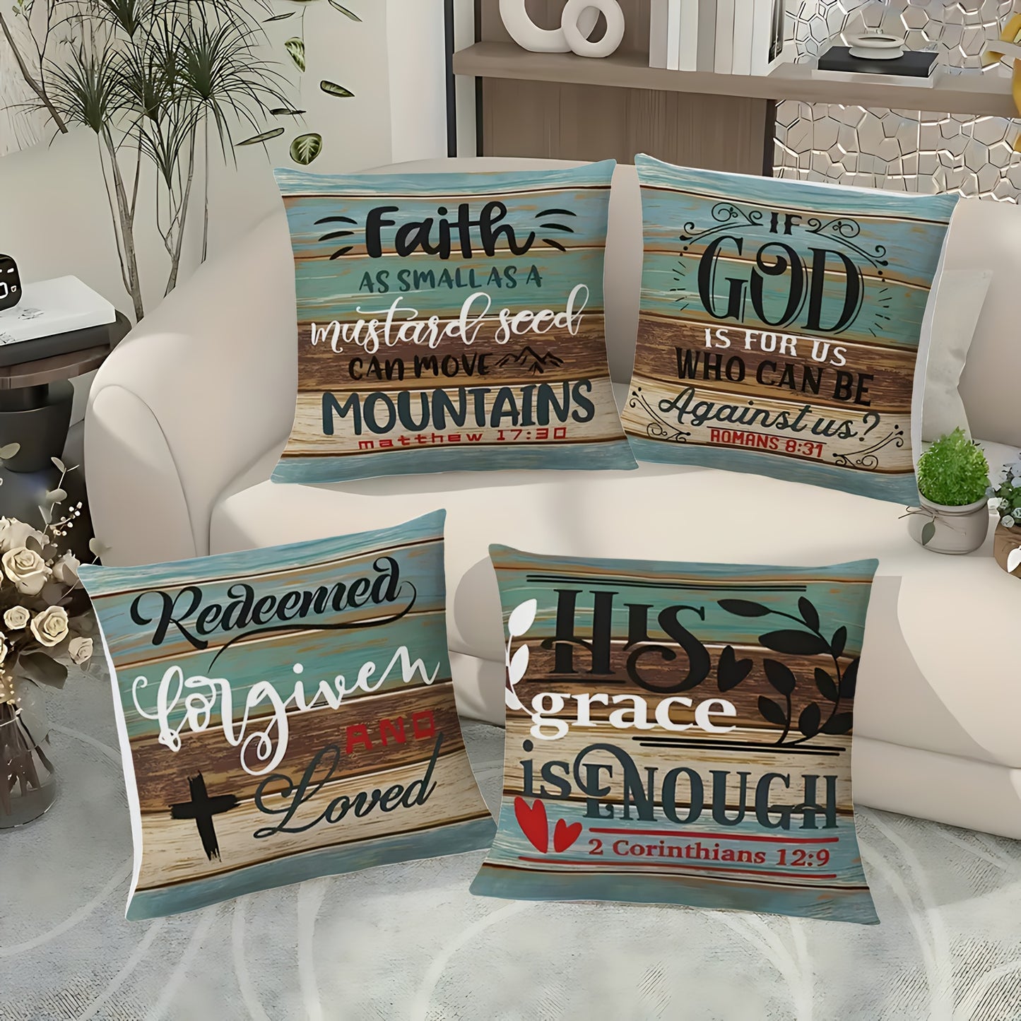4pcs 17.7*17.7 Inches Modern Christian Faith Inspirational Scripture Pillow Covers - Printed With Zipper Closure, Pillow Cases For Sofa, Living Room, Bedroom, Office, Outdoor, Modern Farmhouse, Party Decoration & Home Decorat