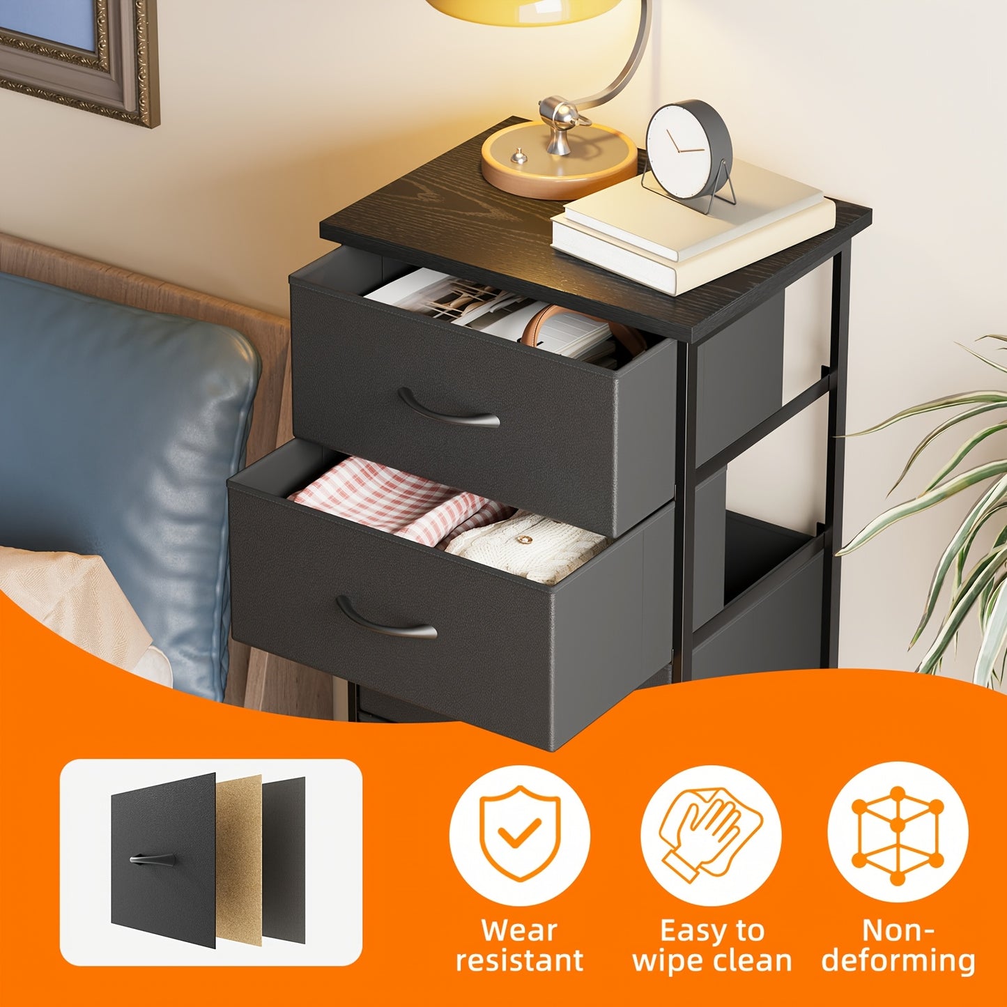 Fabric Dresser, 6-Drawer Tall Dresser for Bedroom, Storage Organizer with Fabric Bins, Wood Top, Sturdy Steel Frame, Chest Of Drawers for Closet, Hallway, Black, for Halloween And Christmas