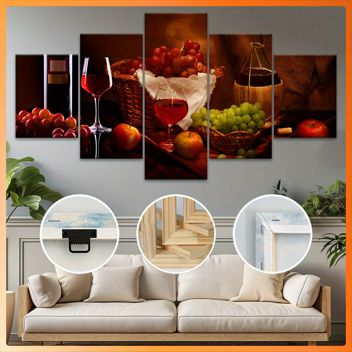 5pcs Exquisite Wooden Framed Wine Painting Canvas, Good Gift for Friend, Pattern Art for Home Decoration, Wall Decor for Living Room, Bedroom, Office, Bar, Restaurant, Waterproof, Odorless Painting, High Quality Waterproof Fr