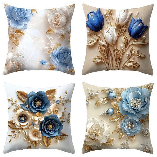 4pcs Bohemian Style Floral Print Zipper Pillowcases - 17.72" Polyester, Contemporary Geometric Patterns in Blue, White, and Golden, Perfect for Home Sofa and Bedroom Decor, Bedroom Decor | Floral Print Pillows | Durable Polye