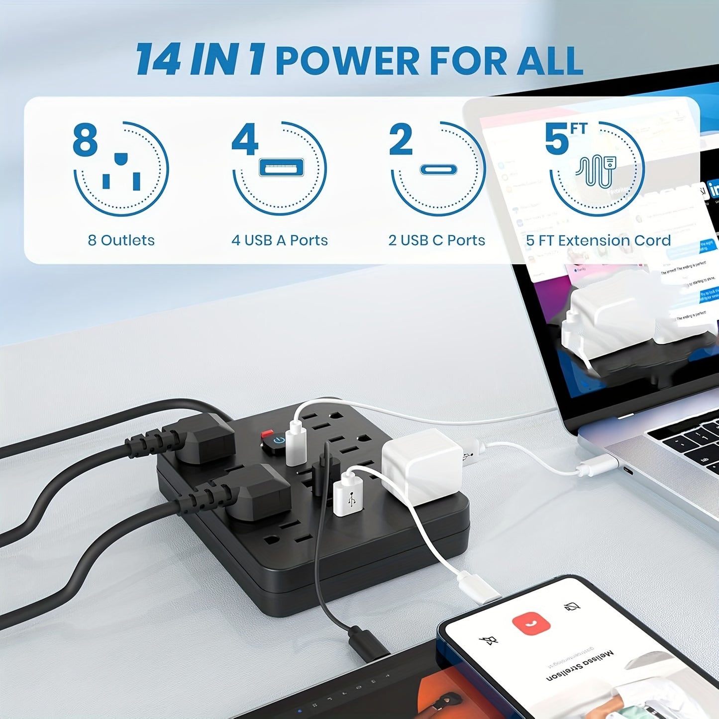 [Black Outlet Surge Protector] 14-in-1 Black Outlet with 8 Receptacles, 4 USB Ports, 2 USB-C Ports, 5/10ft Extension Cord, Flat Plug, Wall Mount, Overload Protection, Power Outlet Surge Protector - Ideal for Home and Office D
