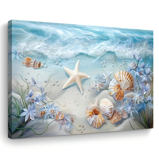[1pc Coastal Beach Art] 1pc Coastal Beach Starfish and Seashell Canvas Wall Art Print, 11.8x15.7 inches, Woven Fabric, Home & Office Decoration, Unique Christmas Gift Idea