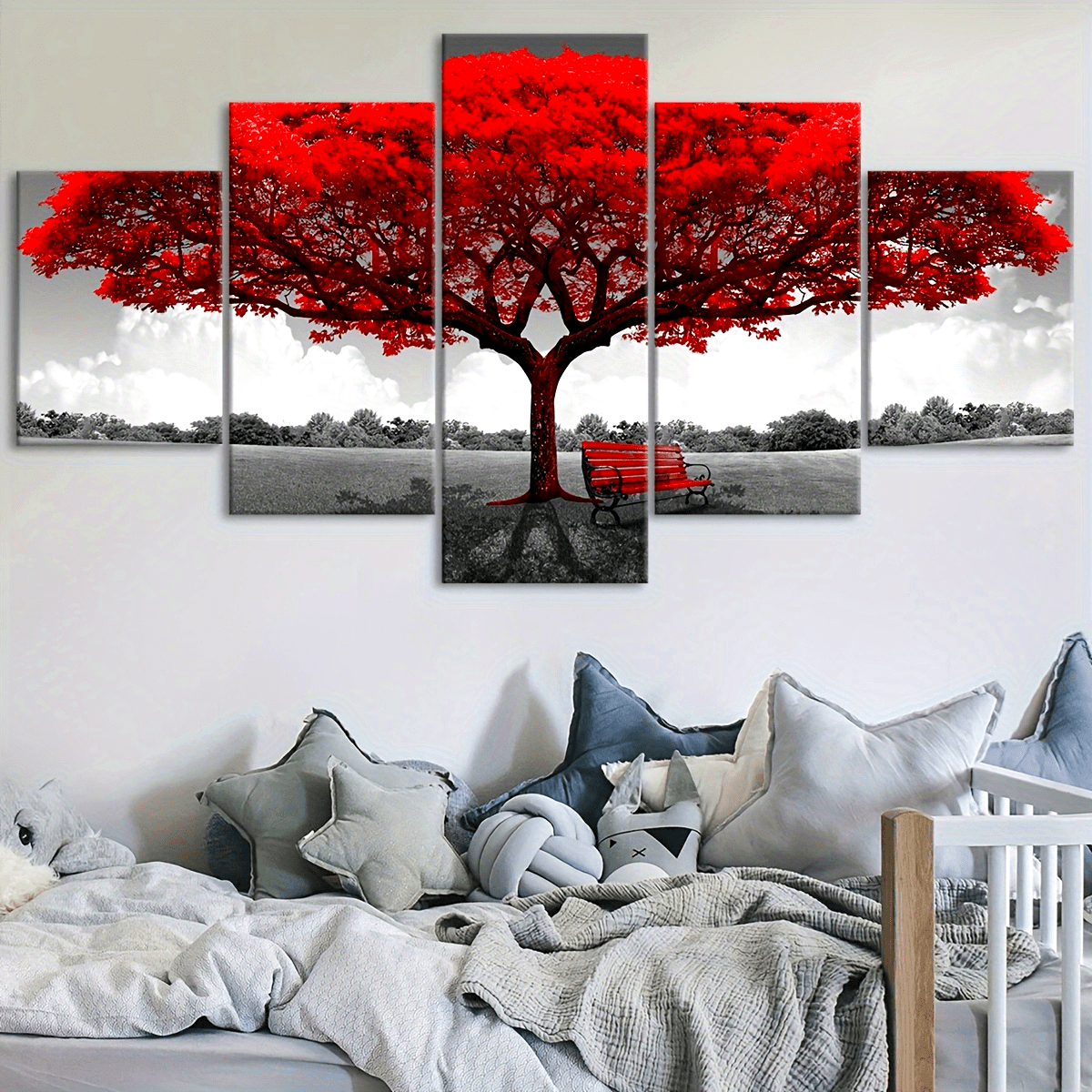 2D Flat, [2D FLAT] 5pcs Frame Red Happiness Tree Canvas Poster, Five Panel Scene Art, Modular Picture, Print Painting, Modern Art, Ideal Decor for Bedroom Living Room Kitchen Dorm, Wall Decoration, Gift for Family Friends, Mu
