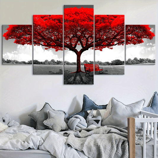 2D Flat, [2D FLAT] 5pcs Frame Red Happiness Tree Canvas Poster, Five Panel Scene Art, Modular Picture, Print Painting, Modern Art, Ideal Decor for Bedroom Living Room Kitchen Dorm, Wall Decoration, Gift for Family Friends, Mu