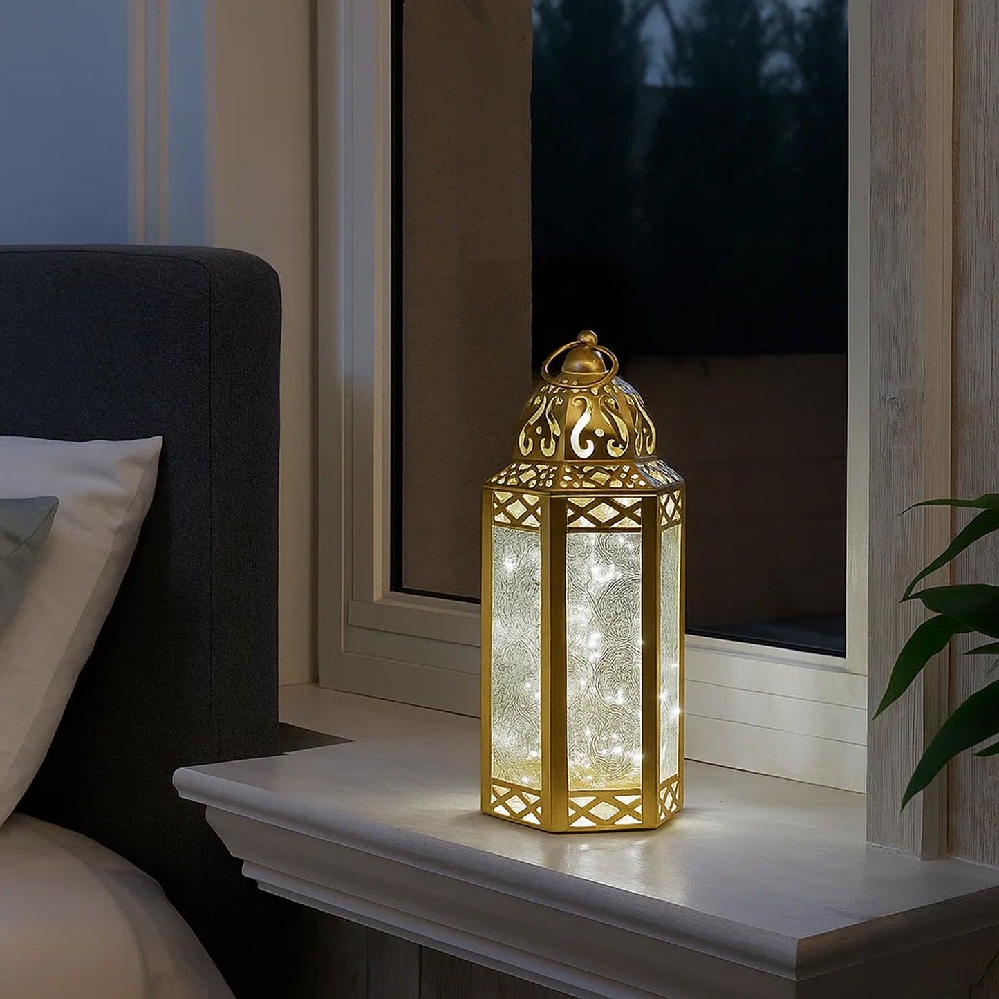 Stunning Ambient Lighting Safe and Stylish Glass Metal Moroccan Candle Lantern Holder Lamp with Battery-Operated LED Lights plus Remote Control – Handcrafted Lantern with Intricate Design and Embossed Glass, Indoor Home Dec