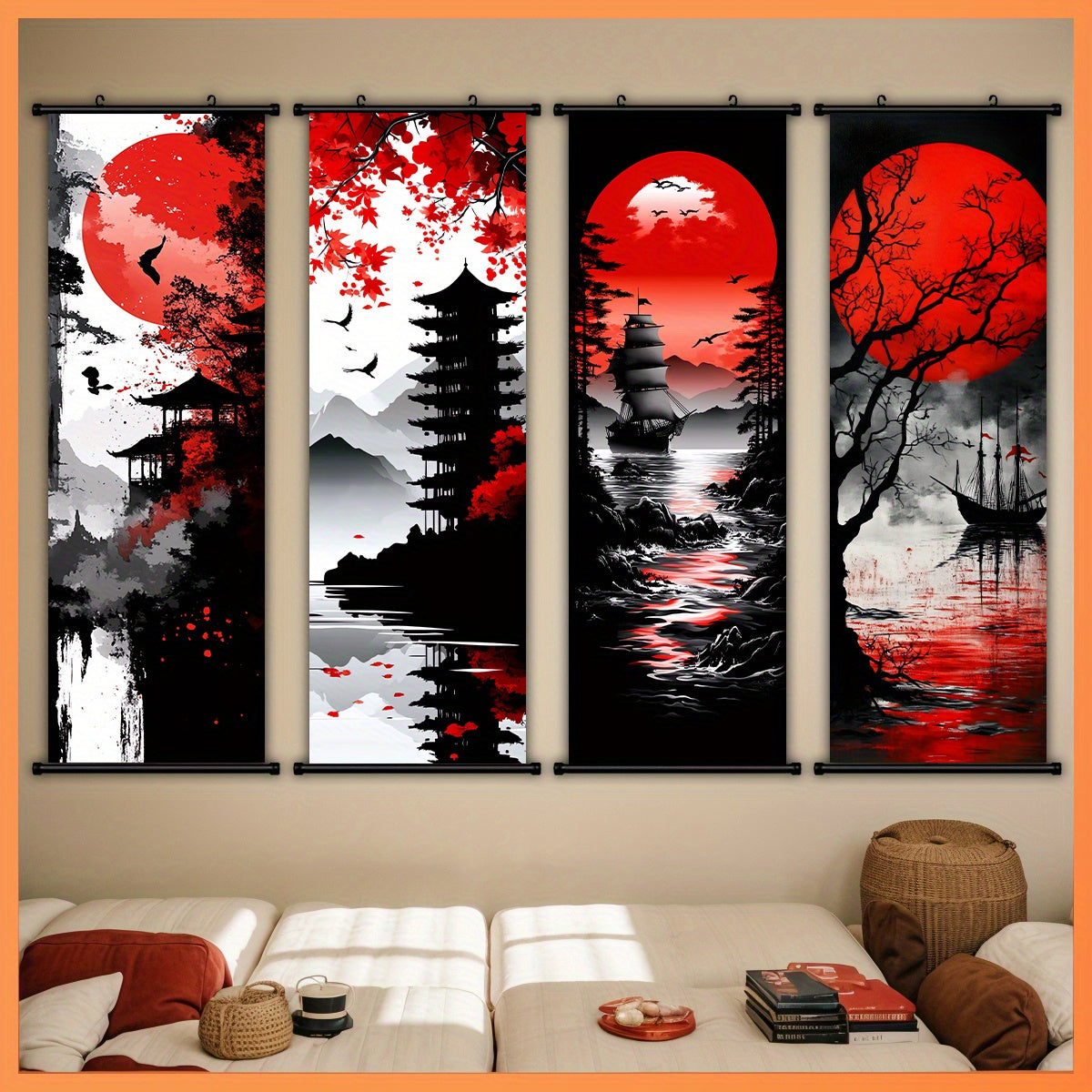 [Japanese Canvas Art] 4pcs Set of Japanese Landscape Canvas Wall Art - Featuring Traditional Red And Black Scroll Paintings - Made from High-Quality Canvas Material - Ready to Hang - with Elegant Wall Decor Suitable for Livin