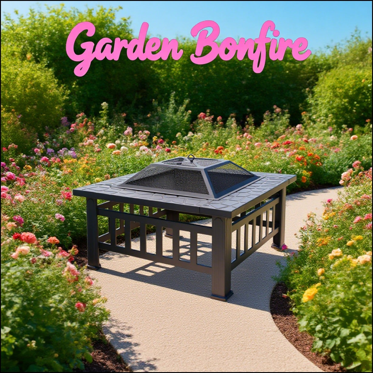 with Safety Net Cover! Imitation Stone Texture Elegant Black Charcoal Wood-burning Fire Pot with Fire Poker + Drainage Hole for Patio Barbecue And Heating. Enjoy Barbecue Parties In Spring, Summer, Autumn And Winter