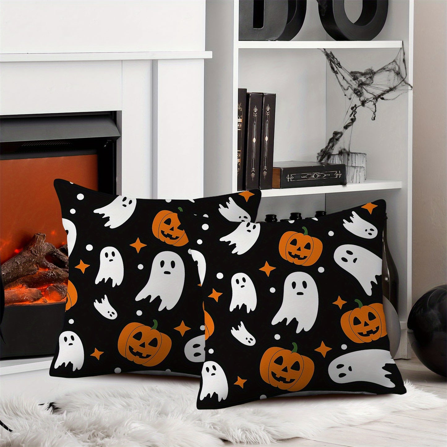 2pcs Halloween Throw Pillow Covers, Contemporary Style, Polyester 100., Zipper Closure, Hand Wash Only, Decorative Cushion Cases for Home, Living Room, Chair, Sofa - Orange Pumpkin & White Polka Dot Design, Halloween Decorati