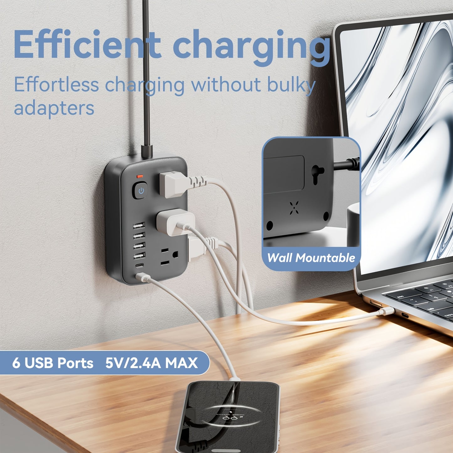 Slim 6-Outlet Power Strip with 6 USB Connections (2 USB-C) | 5FT/10FT Cable, Suitable for Wall Mounting in Offices, Schools, And Dormitories