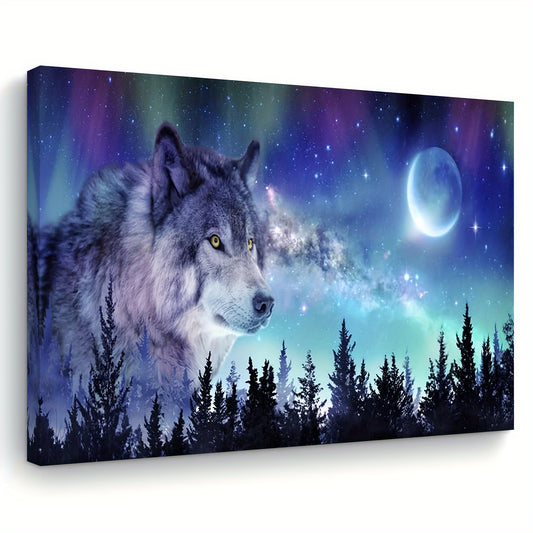 Room Decor 1pc Aurora Wolf Canvas Wall Art, Wooden Framed Abstract Landscape Print, Bachelor Party Home & Office Decor, Unique Festival Gift, Woven Fabric, 11.8x15.7 inches, Aesthetic Room Decor, Perfect for Room Decor