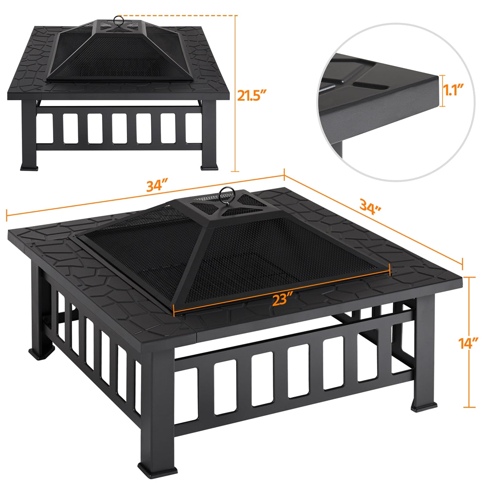Costoffs Halloween 32in/34in Outdoor Multi-functional Fire Pit Wood Fire Pit Table for Patio Camping Square Firepit for Barbecue, Heating, Cooling w/Cover, Poker