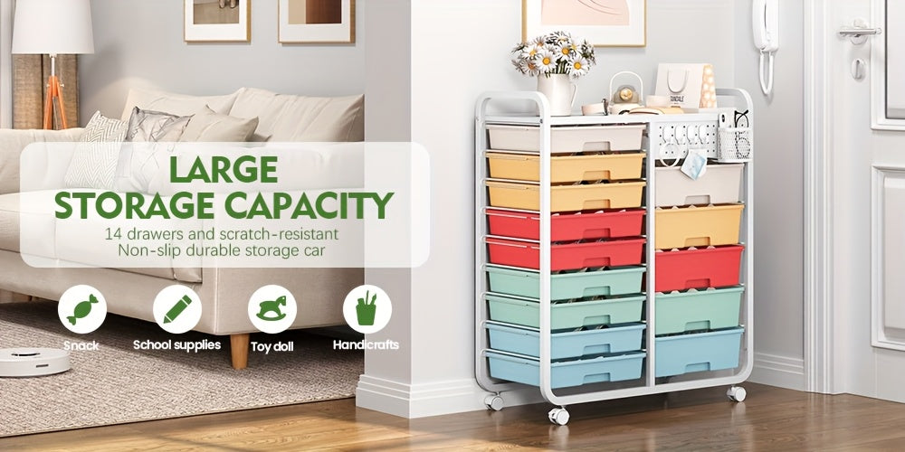 [Durable Craft Storage Cart] TOOLF Durable 14-Drawer Rolling Storage Cart with Tabletop & Pegboard | Mobile Utility Cabinet on Wheels - Metal Organizer with 14 Spacious Drawers, 3.2 Cu Ft Capacity & 27" Height for Home, Offic