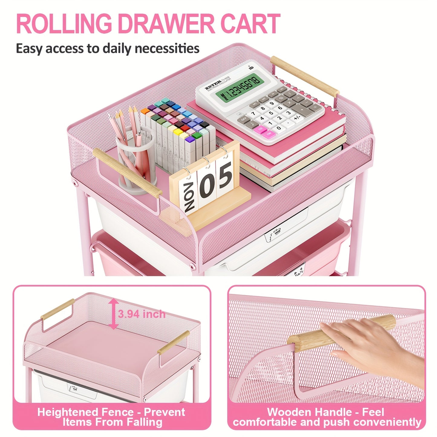 Pink Rolling Utility Cart with 4 Drawers & 4-Tier Mesh Top - Mobile Storage Organizer with 4pcs DIY Lable Drawers, Durable Metal Frame, 3.2 Cu Ft Capacity, Compact Under 27" Height for Office, Craft Room, Home Organization, S