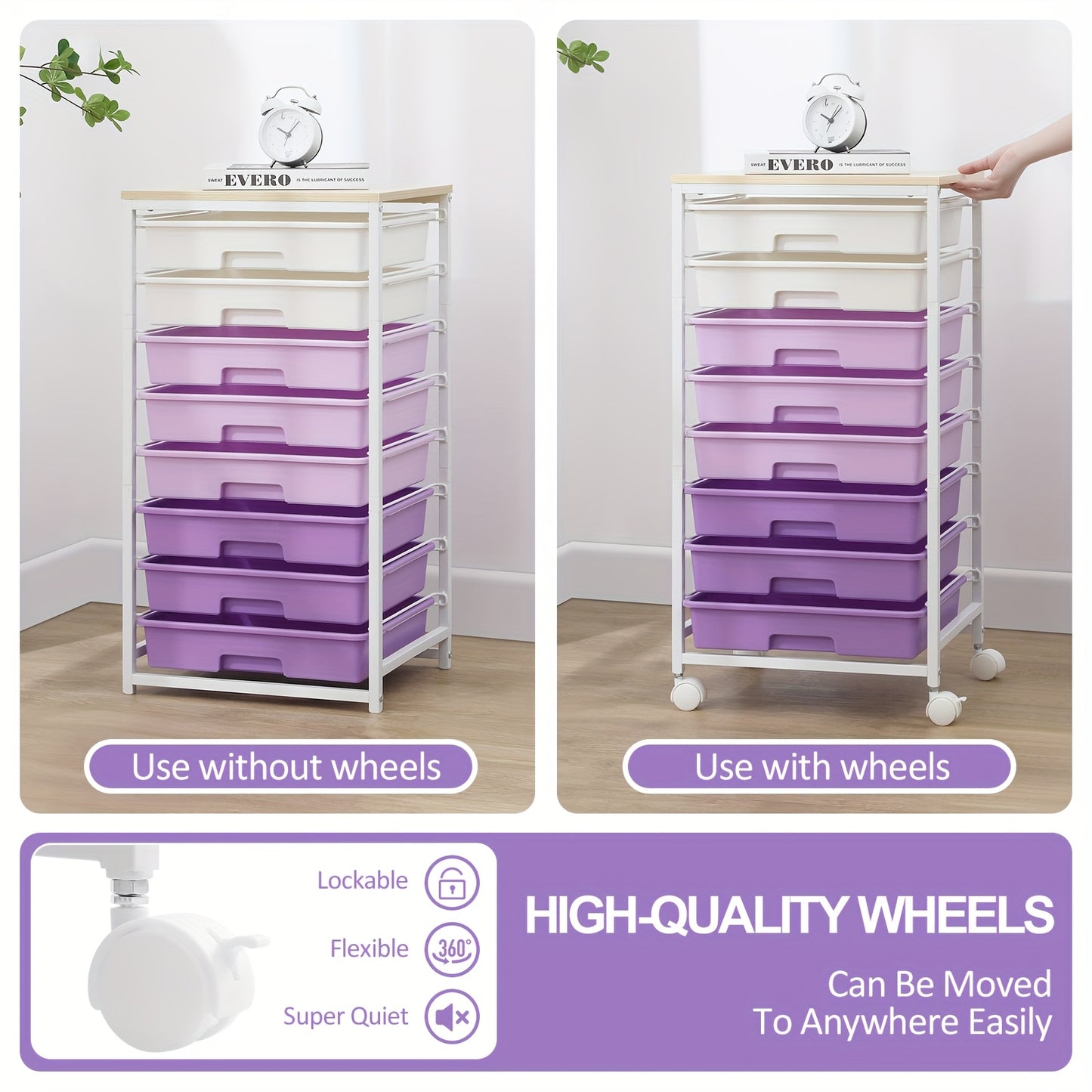 8-Drawer Rolling Storage Cart with Locking Casters & Tabletop - Heavy-Duty Metal Frame, Purple Finish, Multi-Purpose Organizer for Living Room, Bedroom, Office, Dorm, Bathroom, Versatile Rolling Storage Cart, Decorative Drawe