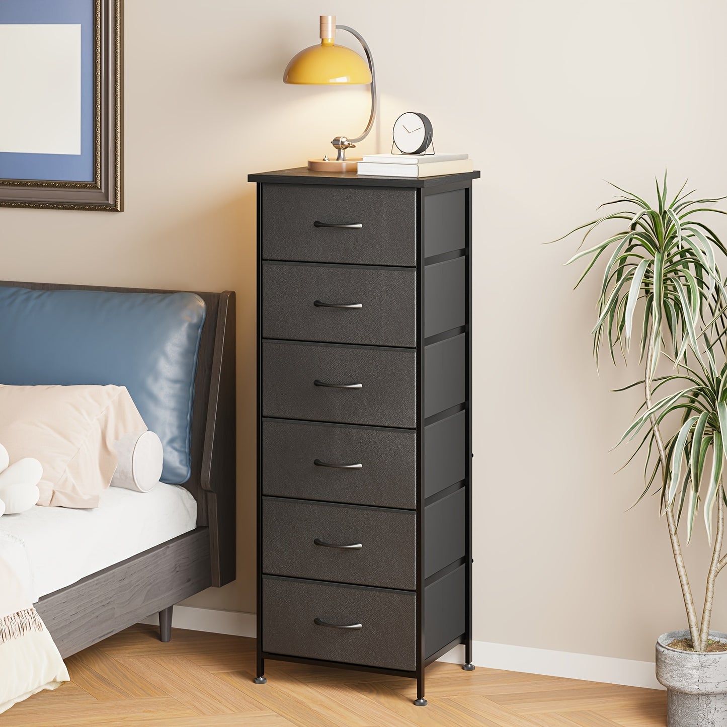 Fabric Dresser, 6-Drawer Tall Dresser for Bedroom, Storage Organizer with Fabric Bins, Wood Top, Sturdy Steel Frame, Chest Of Drawers for Closet, Hallway, Black, for Halloween And Christmas