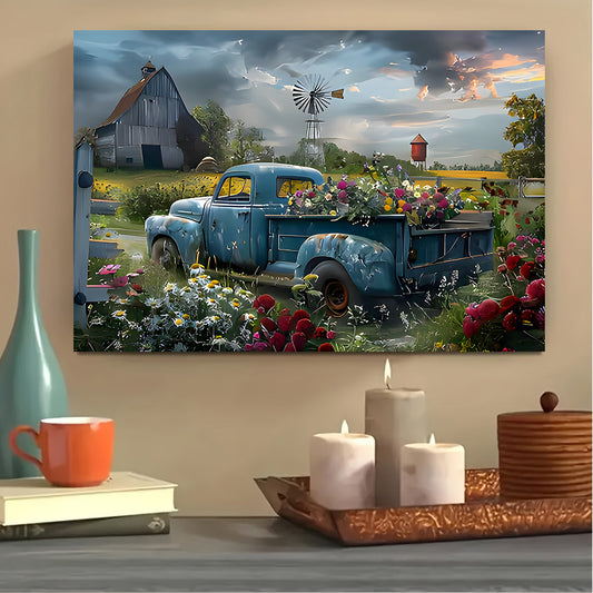 Rustic Charm Canvas Art - Vintage Pickup Truck with Flowers, Frameless Wall Decor for Living Room & Bedroom, Pastoral Style, Exquisite Wall Art, Natural Atmosphere
