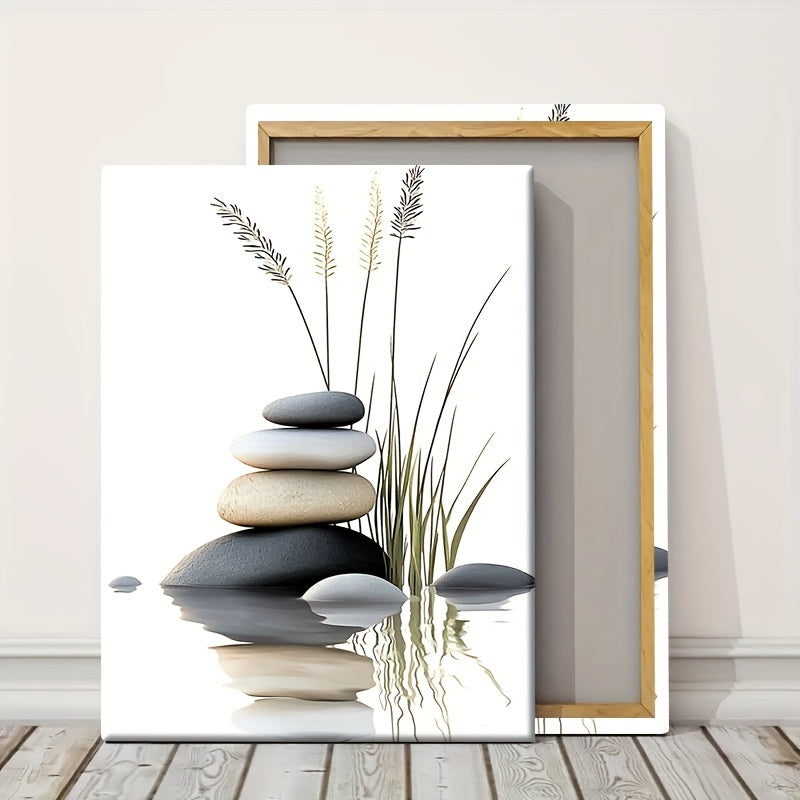 [Bohemian Wall Art] 1pc Solid Wood Framed Canvas Poster - Waterproof Durable Wall Art with Tranquil Stacked Stones & Grasses Design, Contemporary Bohemian Modern Style for Living Room, Bathroom Decor, Spring Holiday Gift for