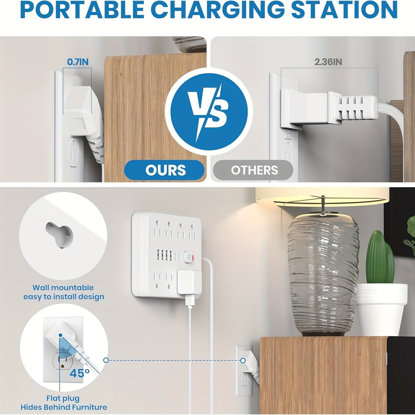 [14in 1 Power Strip] 14in 1 Power Strip Surge Protector with 8 Outlets, 4 USB and 2 USB C Ports | Flat Plug, Wall Mount, Overload Protection | Desk USB Charging Station for Home, Office