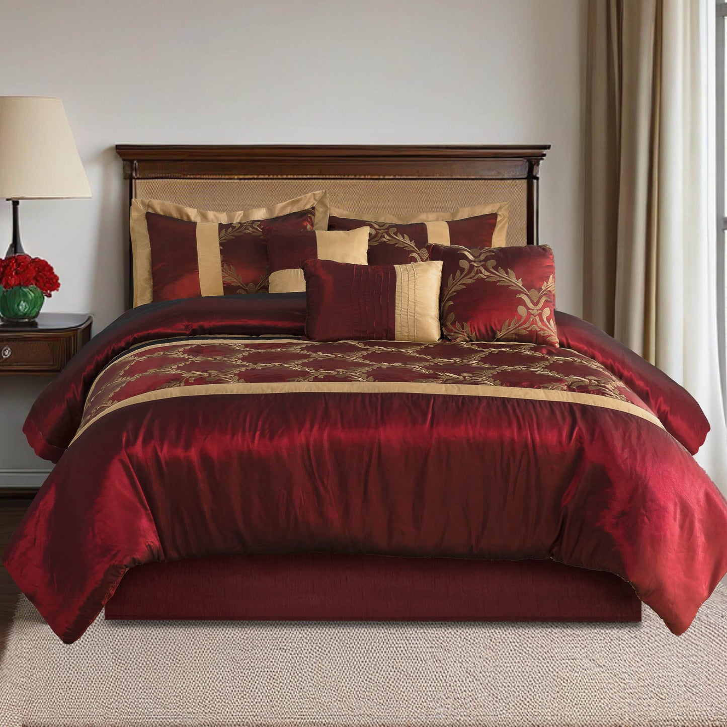 7 Piece Classic Embroidery Comforter Set King/Queen- Black And Silver Faux Silk Fabric Embroideried-1 Comforter, 2 Shams, 3 Decorative Pillows, 1 Bedskirt