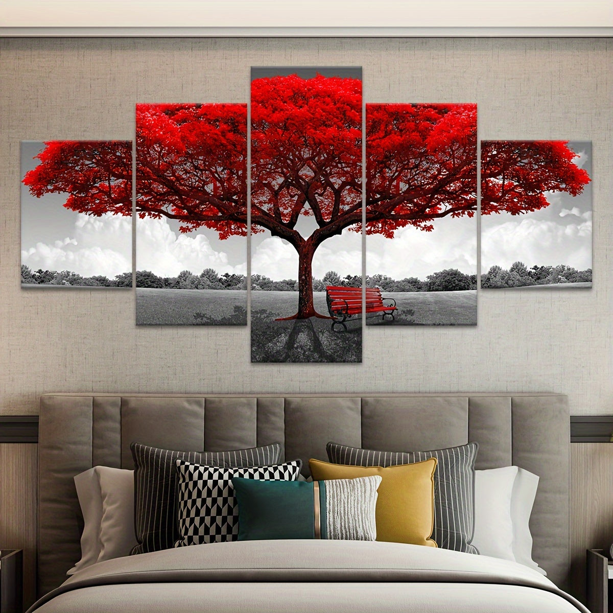 2D Flat, [2D FLAT] 5pcs Frame Red Happiness Tree Canvas Poster, Five Panel Scene Art, Modular Picture, Print Painting, Modern Art, Ideal Decor for Bedroom Living Room Kitchen Dorm, Wall Decoration, Gift for Family Friends, Mu