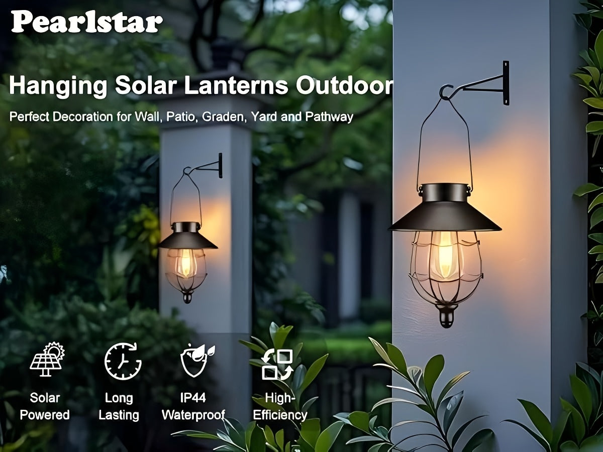 2 Pack Solar Outdoor Lights, Metal Hanging Lantern, Waterproof Solar Lights With Wall Mount Kit Or Porch, Patio, Yard Decor
