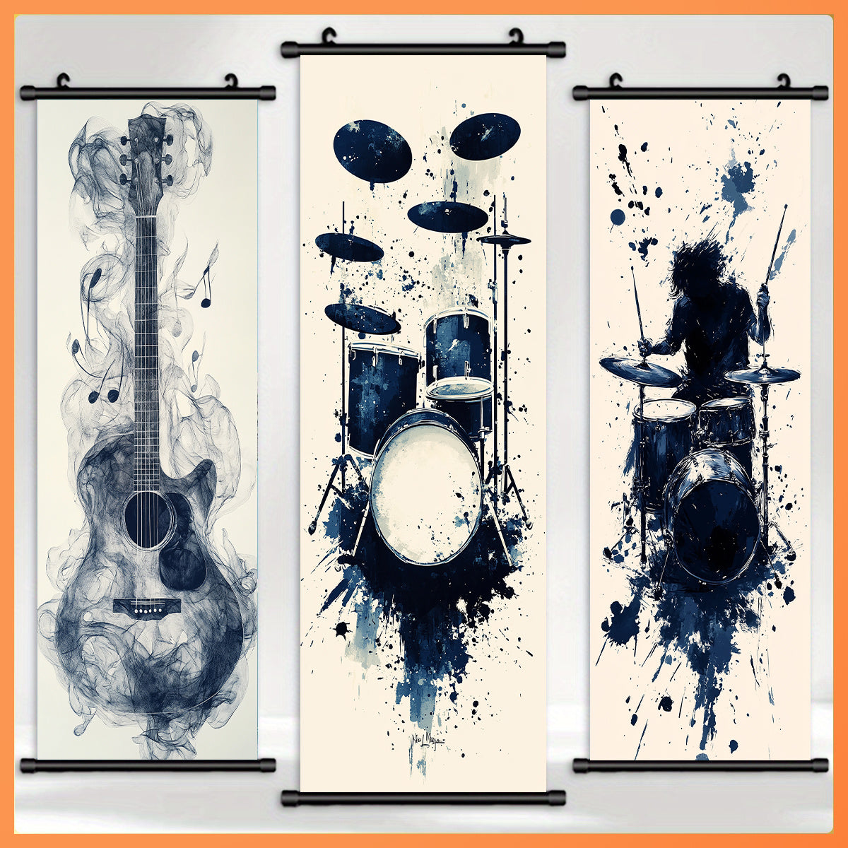 - Set of 3 Black Musical Instrument Canvas Scroll Art - Music Themed Poster for Living Room, Bedroom, Dining Room, Garage, Office, Cafe, Bar, Patio Wall Art - Indoor/ Outdoor Wall Decoration, Waterproof, Odorless, Artwork