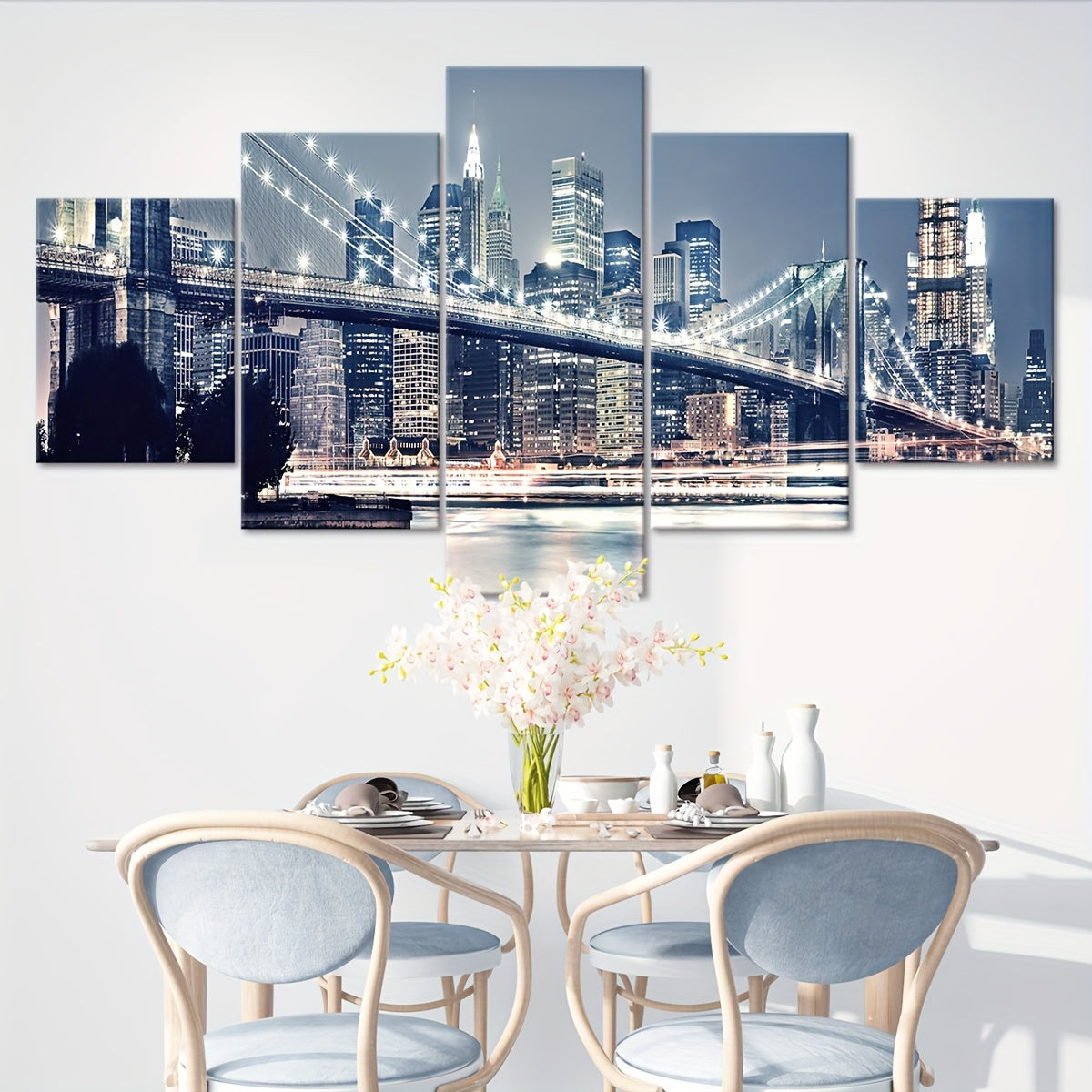 2D Flat, [2D FLAT] 5pcs Frame Urban Riverside Bridge Canvas Poster, Five Panel Scene Art, Modular Picture, Print Painting, Modern Art, Ideal Decor for Bedroom Living Room Kitchen Dorm, Wall Decoration, Gift for Family Friends