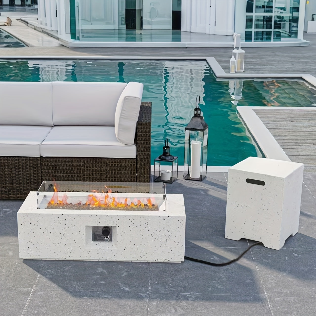 [42" Fire Pit Table] 42" Rectangular Fire Pit Table - 1pc 40,000 BTU Propane Fire Pit with Adjustable Flame, Speckled White Finish, Built-In Storage & Side Table, Matchable Glass Cover & Tank Cover - Outdoor Heating for Patio