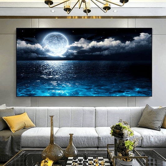 1pc Seaside Moon Landscape Canvas Wall Art Print - Frameless Ink Artwork for Living Room, Bedroom, Office, Classroom - Indoor & Outdoor Transverse Orientation - Waterproof, Odorless Fabric Poster for Home Decor