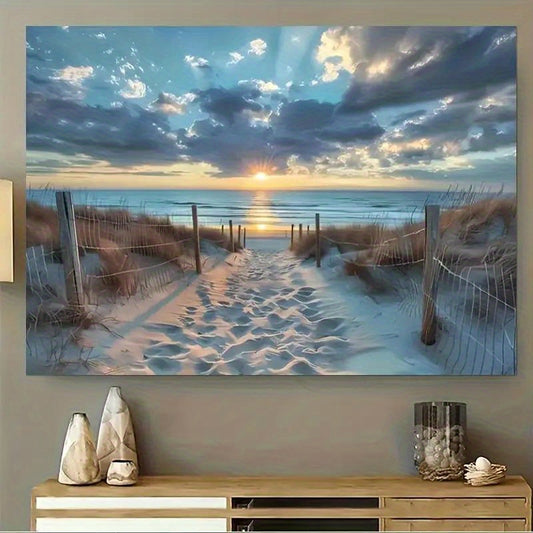 2D Flat 1pc Nordic Minimalist Canvas Wall Art - Large Landscape Painting with Sunset Beach Scene, Coastal Farmhouse Decor in Blue & Golden, Wrapped Canvas Print for Living Room, Office, Housewarming Gift - Modern Nordic Decor