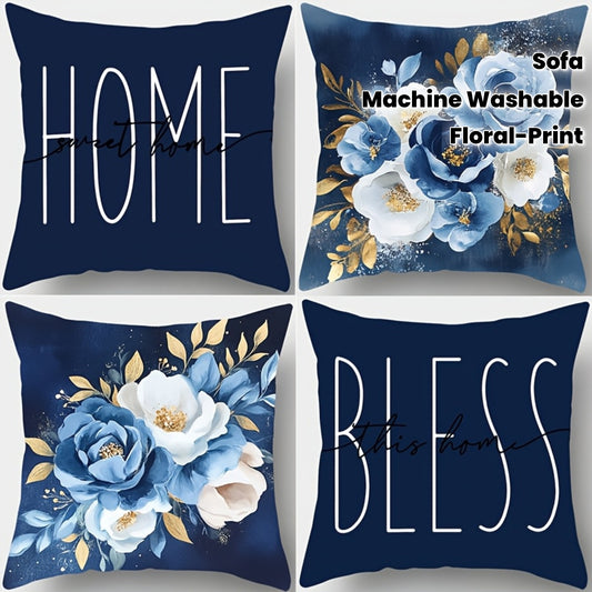 4pcs 17.7*17.7inch Machine Washable Zippered Pillow Covers - Blue & White Modern Floral Print by Home Blessing & Home Design, Perfect for Living Room & Bedroom Sofa Decor