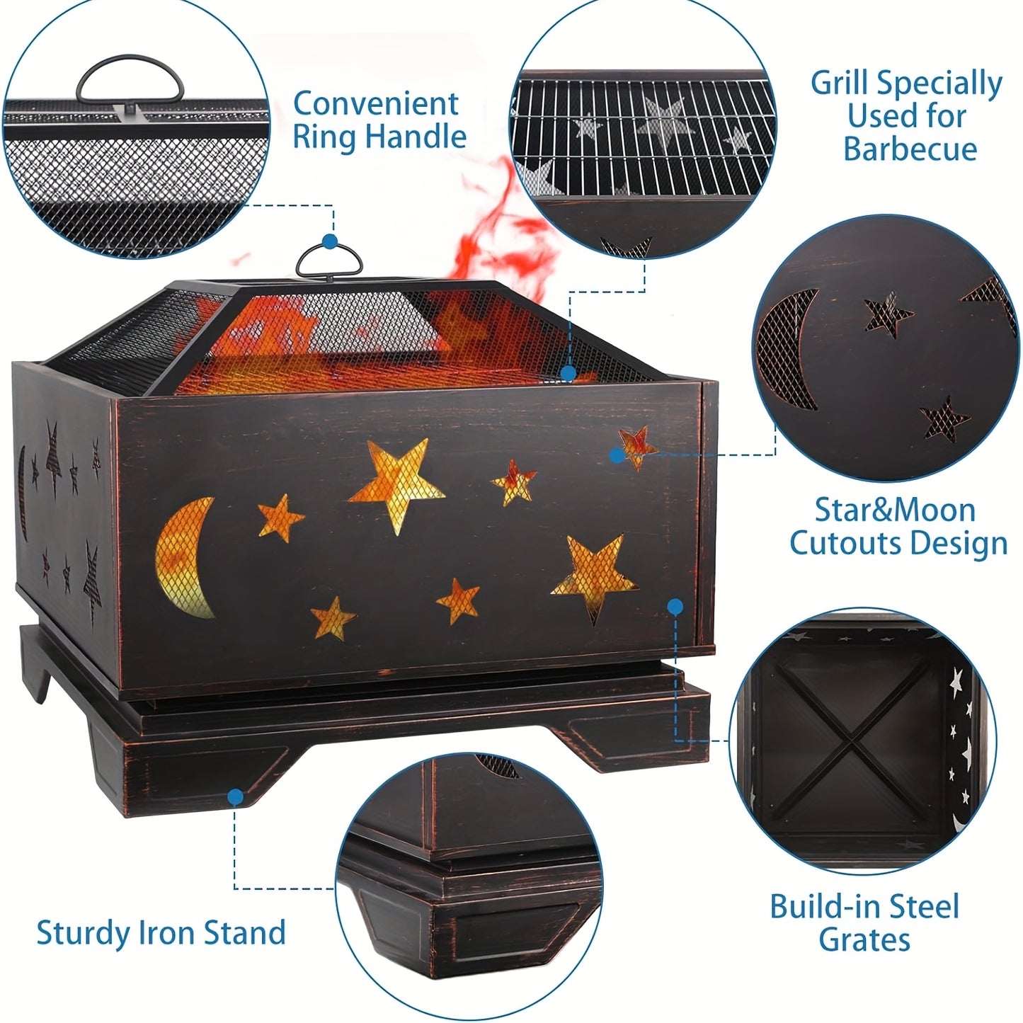 26in Fire Pit Set with Spark Screen, Mesh Cover And Poker, Heating Equipment Equipment, Use for Outside Bonfire Patio Picnic BBQ