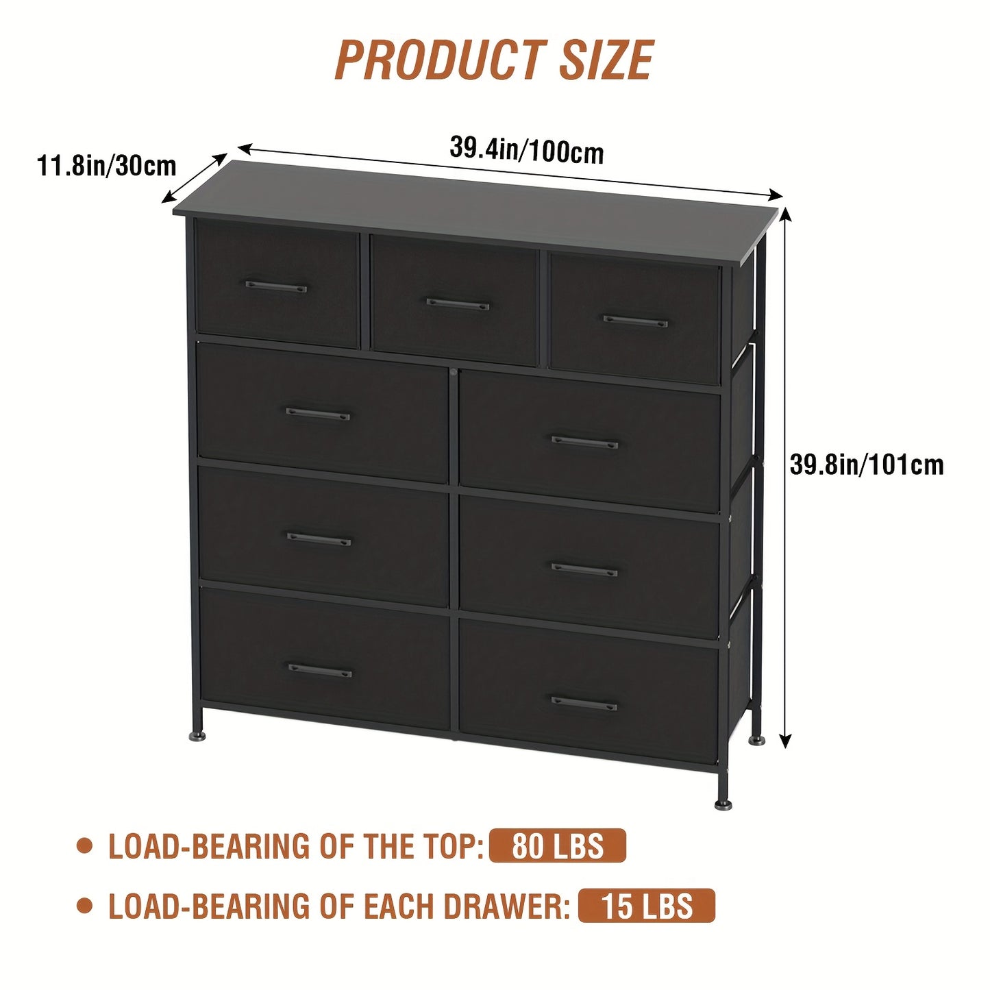 5/8/9 Fabric Drawers Dresser For Bedroom, Storage Drawers, Chest Organizer Units With Wooden And Steel Frame Top For Bedroom, Living Room, Closet, Living Room, Entryway, Black/Grey/Nature