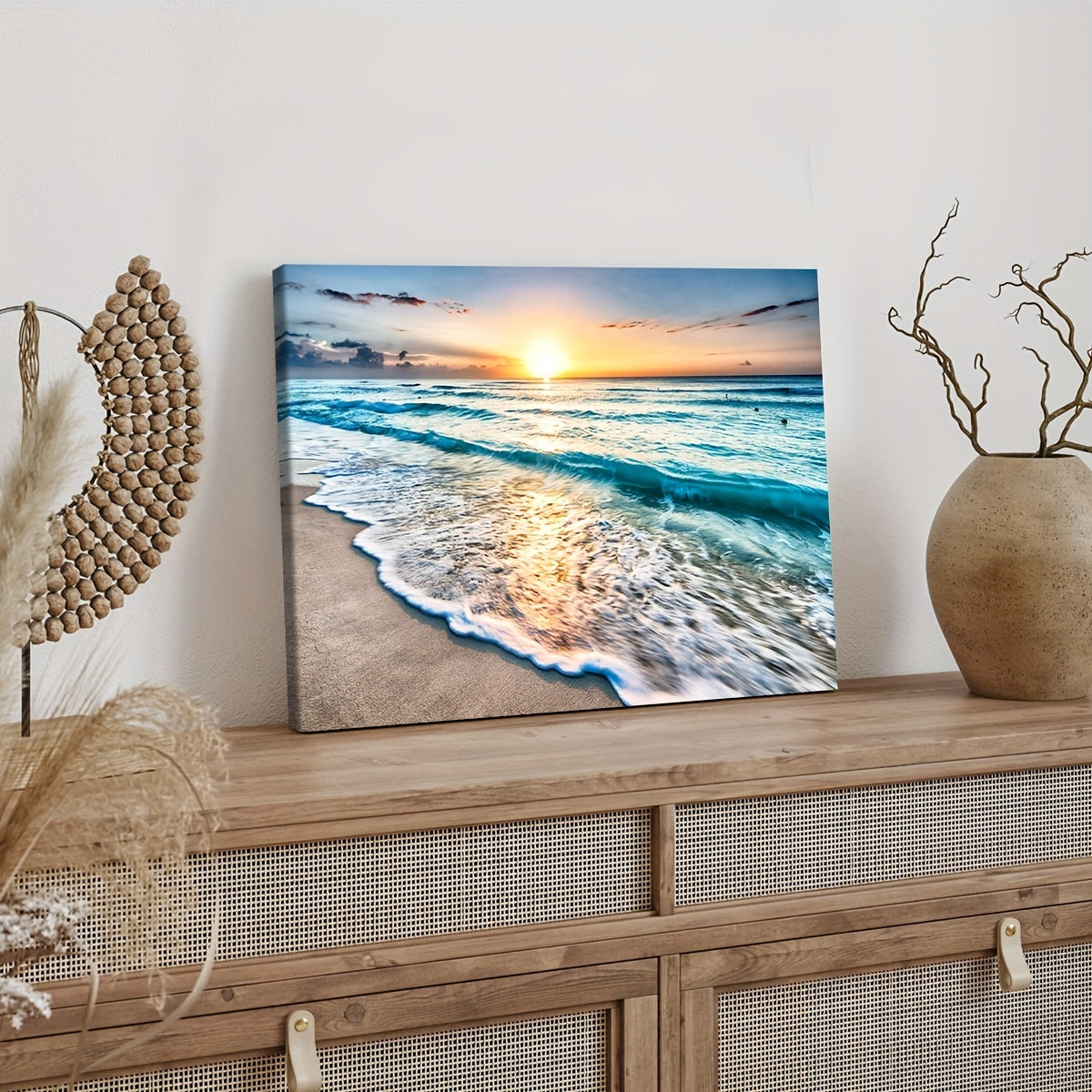 1pc Sunset by the Sea Canvas Art Print with Wooden Frame - Vibrant Ocean Sunset Wall Decor for Living Room, Bedroom, Kitchen, or Bar - Waterproof, High-Quality Ink on Canvas, Perfect for Modern Home Decoration, Beach Theme De