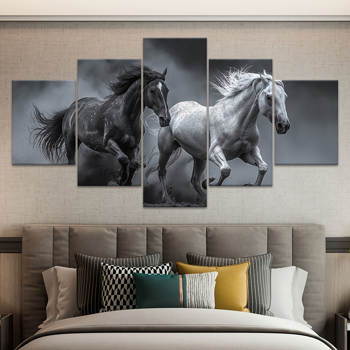 2D Flat 5pcs Frame Animal A Galloping Horse Canvas Poster, Five Panel Scene Art, Modular Picture, Print Painting, Modern Art, Ideal Decor for Bedroom Room Kitchen Dorm, Wall Decoration, Gift for Family Friends, Murals, Waterp