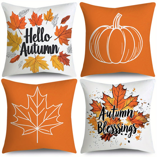 4pcs Autumn Blessings Hello Autumn Throw Pillow Covers Orange & White Maple Leaves Pumpkin Fall Farmhouse Thanksgiving Day Decorative Cushion Case for Bedroom Sofa Couch