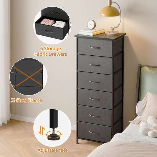 Fabric Dresser, 6-Drawer Tall Dresser for Bedroom, Storage Organizer with Fabric Bins, Wood Top, Sturdy Steel Frame, Chest Of Drawers for Closet, Hallway, Black, for Halloween And Christmas