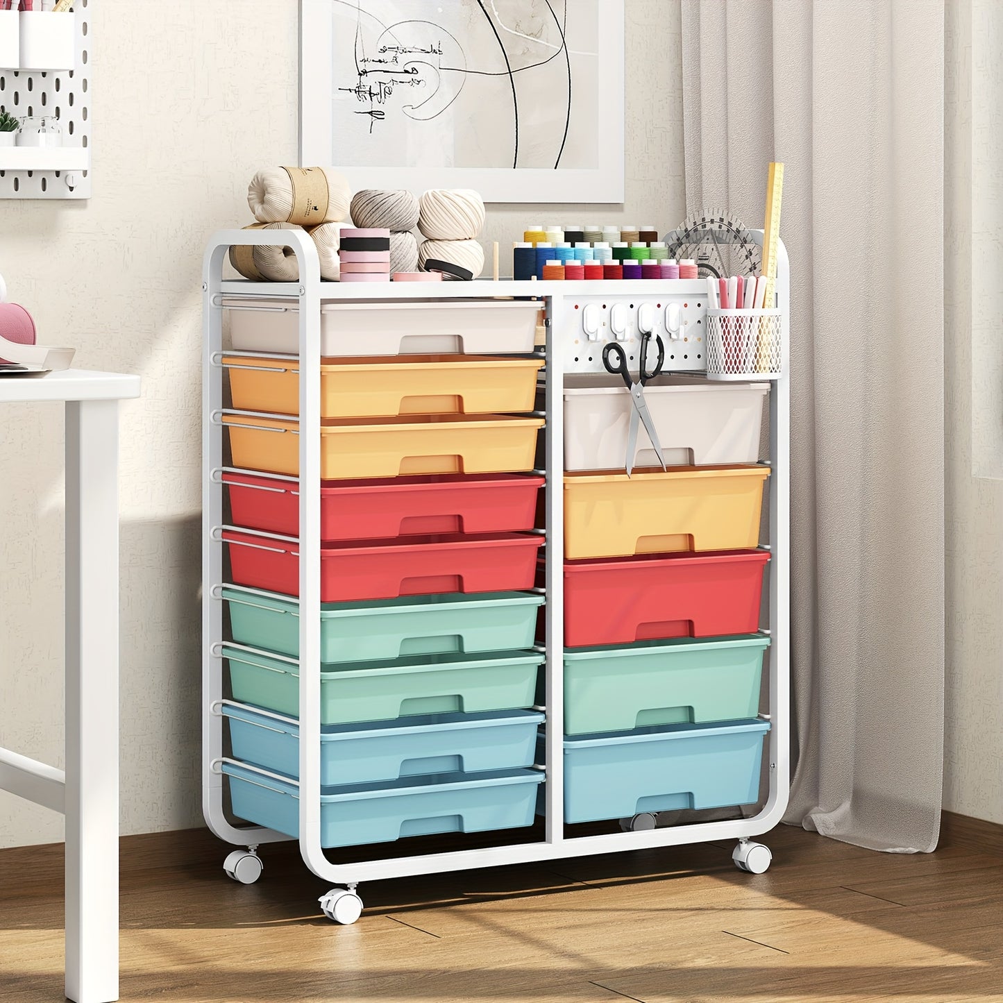 [Durable Craft Storage Cart] TOOLF Durable 14-Drawer Rolling Storage Cart with Tabletop & Pegboard | Mobile Utility Cabinet on Wheels - Metal Organizer with 14 Spacious Drawers, 3.2 Cu Ft Capacity & 27" Height for Home, Offic