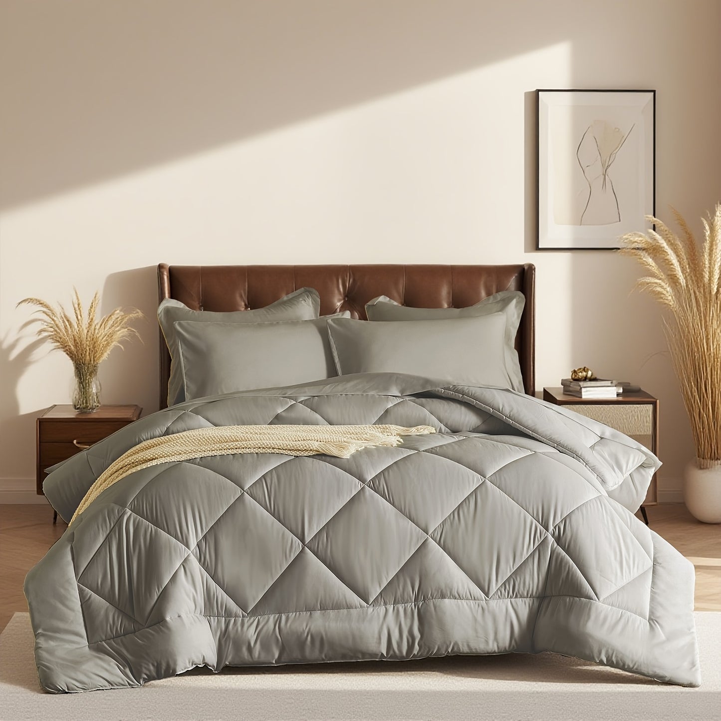 5pcs or 7pcs Geometric Quilted Rectangular Comforter Sets Queen - Soft & Comfortable All-Season Bedding Set with Wrapped Mattress, High-End Hotel Dorm Decor, Includes Comforter Pillowcase, Flat Sheet, Fitted Sheet, Microfiber