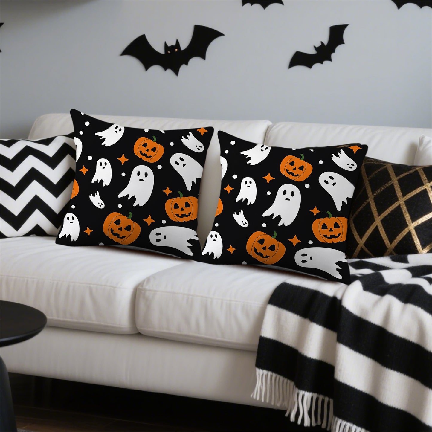 2pcs Halloween Throw Pillow Covers, Contemporary Style, Polyester 100., Zipper Closure, Hand Wash Only, Decorative Cushion Cases for Home, Living Room, Chair, Sofa - Orange Pumpkin & White Polka Dot Design, Halloween Decorati