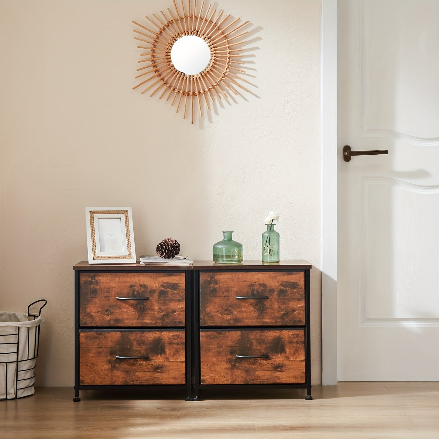 OLIXIS Set Of 2 Nightstand With 2 Storage Drawers, 20" Height Small Furniture End Table, Wooden Top Fabric Cabinet Night Stand Mini Dresser, Office Storage Cabinet, Suitable For Office