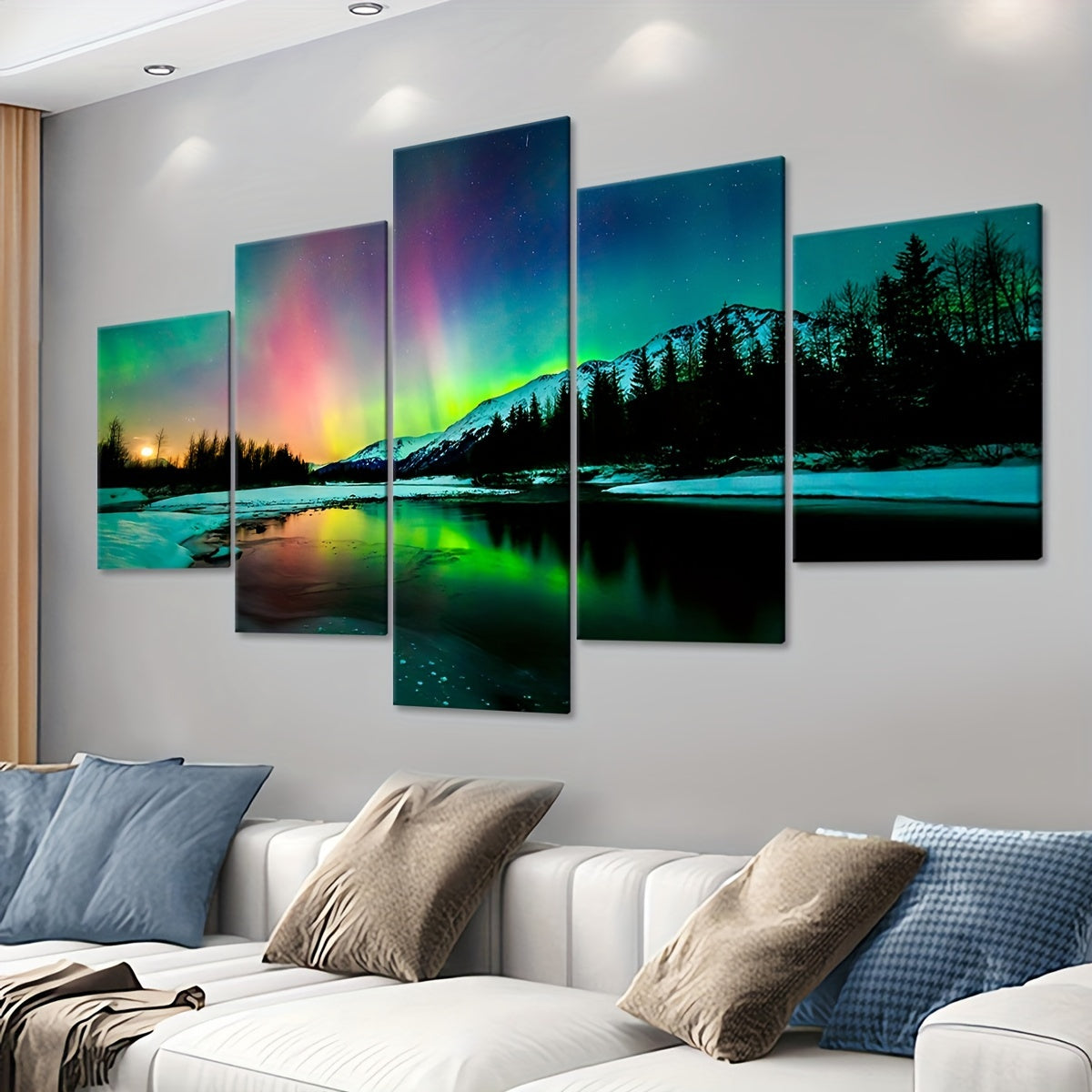 2D Flat, [2D FLAT] 5pcs Frame Romantic Aurora Canvas Poster, Five Panel Scene Art, Modular Landscape Picture, Print Painting, Modern Art, Ideal Decor for Bedroom Living Room Kitchen Dorm, Wall Decoration, Gift for Family Frie