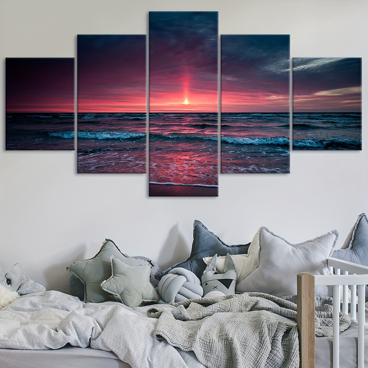 5pcs Frame Nature Seaside Lakes Canvas Poster, Sunrise Sunset Sea View Five Panel Scene Art, Modular Picture, Print Painting, Modern Art, Ideal Decor for Bedroom Living Room Kitchen Dorm, Wall Decoration, Gift for Family Frie