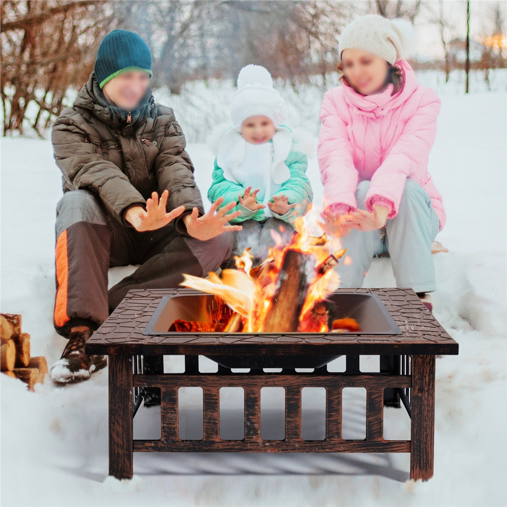 Costoffs Halloween 32in/34in Outdoor Multi-functional Fire Pit Wood Fire Pit Table for Patio Camping Square Firepit for Barbecue, Heating, Cooling w/Cover, Poker