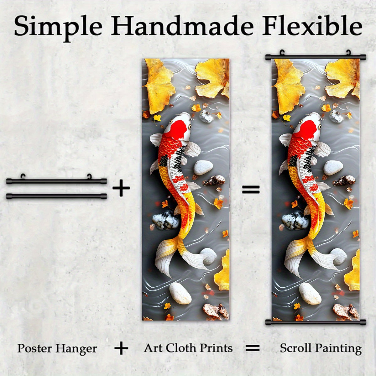 3pcs Chinese Fengshui Ink Koi Carp and Ginkgo Scroll Painting Set, 3D Embossed Craftsmanship, Suitable for Living Room and Study Wall Decoration, New Year Housewarming Gift, Auspicious Attract Wealth Artistic Gift