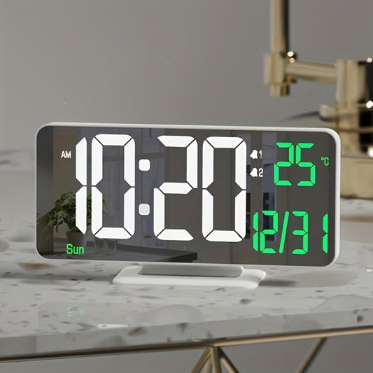 1pc Alarm Clock For Bedroom, 6. 7" Desk Digital Clock, Led Clock, Mirror Clock, Dual Alarm Clock For Living Room With Seconds, Date, Week, 12/24h, Dimming