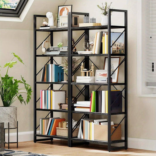 5-Tier Industrial Bookshelf - Heavy-Duty Metal Open Shelving Unit, Space-Saving Vertical Storage Organizer for Living Room, Home Office, Music Studio - Sturdy Bookcase for Books, Decor, Sheet Music - Modern Industrial Decor i