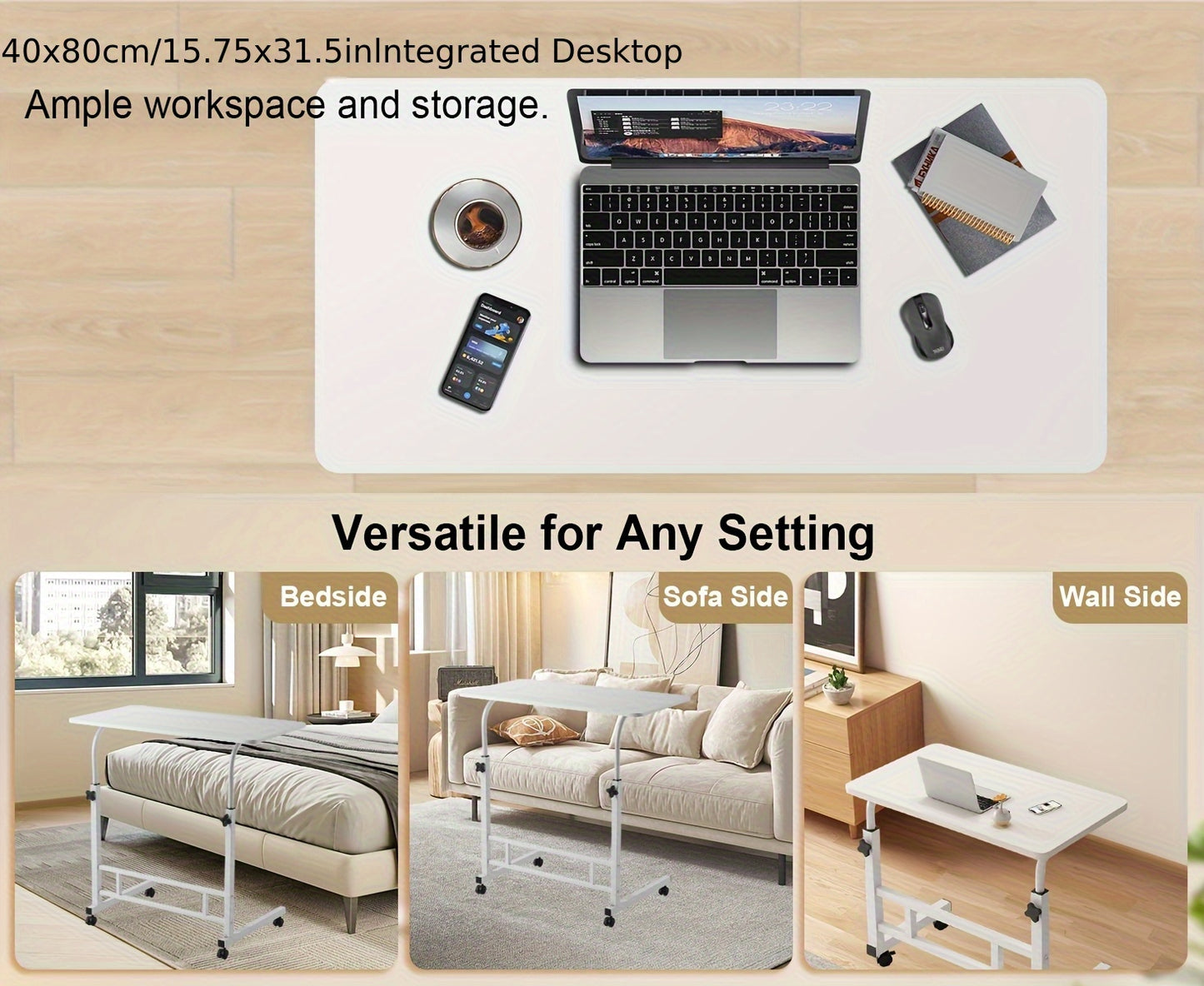 40*80cm Adjustable Height Standing Desk, Mobile Computer Table with Wheels, 26.4"-34.7" Height Range, Spacious and Stable Study Desk, Suitable for Home, Office, and Living Room